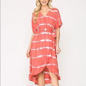 Coral Tie Dye Midi Wrap Dress